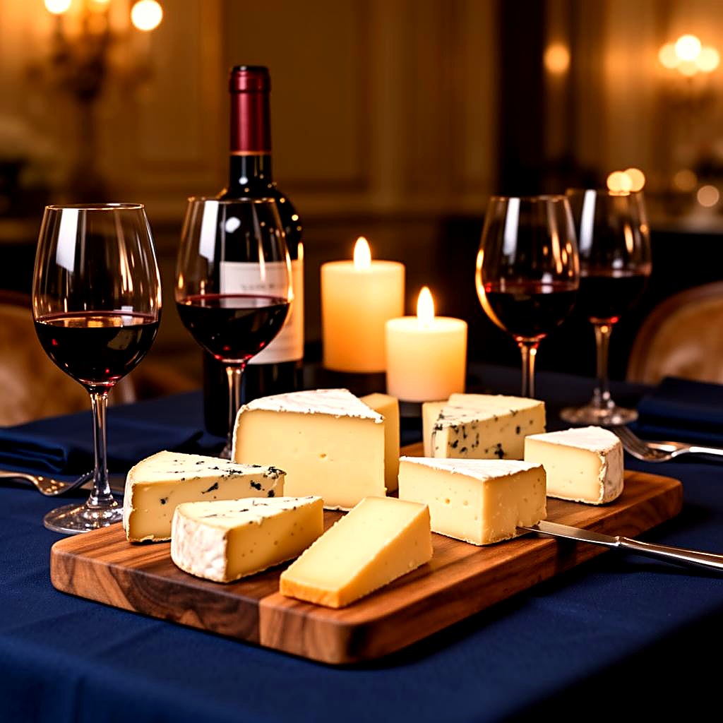 Mesa de queijos, vinhos e taças em ambiente executivo